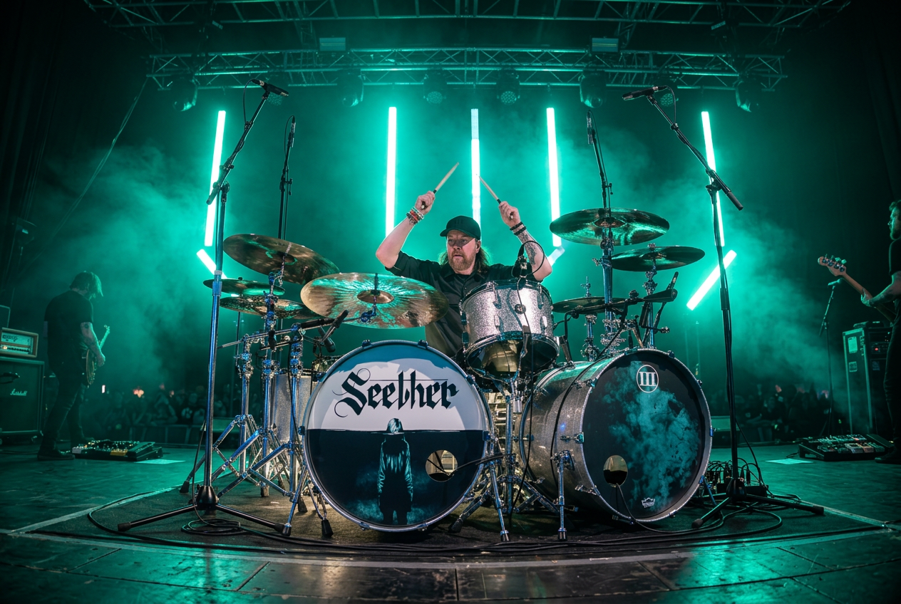 John Humphrey performing live on drums with Seether under green stage lights — full drum kit in view